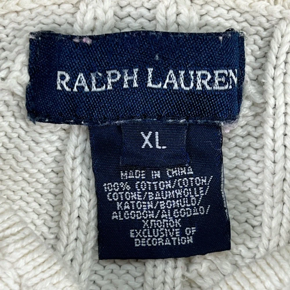 Ralph Lauren Kids XL Cream Cable Knit Full Zip Hoodie Pink Pony Cotton Sweater